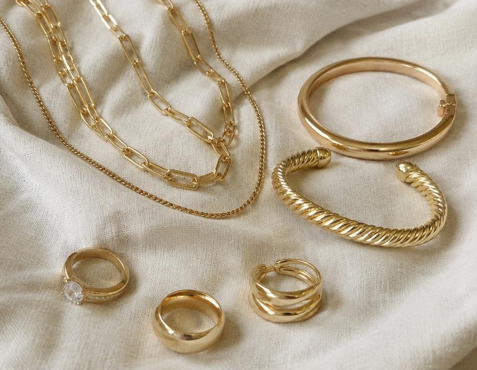 Guldkedjor, armband och ringar på linnetyg
