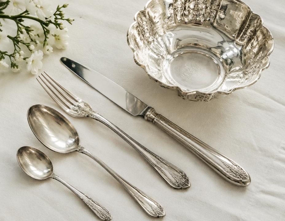 Antika silverbestick och silverskål